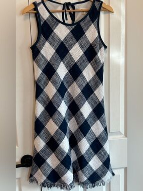 Tribal Jeans Linen Blend Gingham Dress Fringe Hem Size S EUC